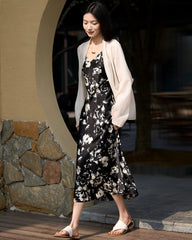 Silk Black and White Floral Dress