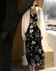 Silk Black and White Floral Dress