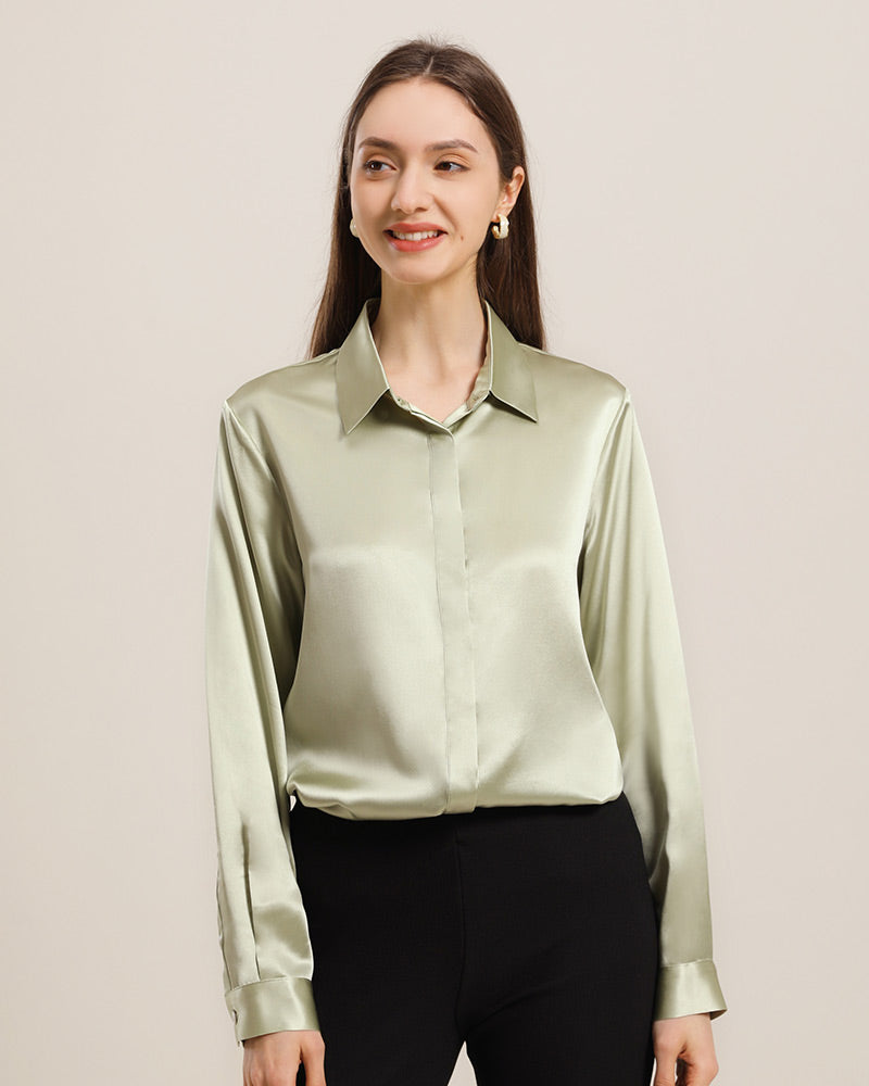 22Momme Silk Blouse with Hidden Buttons Avocado Green