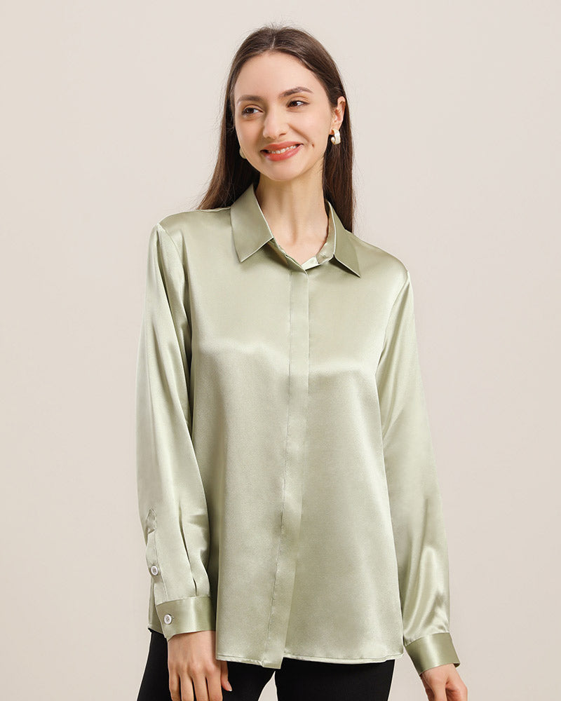 22Momme Silk Blouse with Hidden Buttons Avocado Green