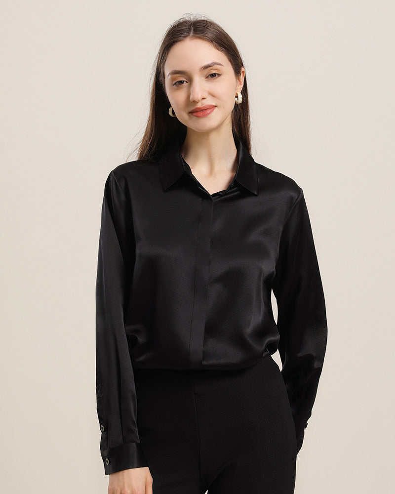 22Momme Silk Blouse with Hidden Buttons Black