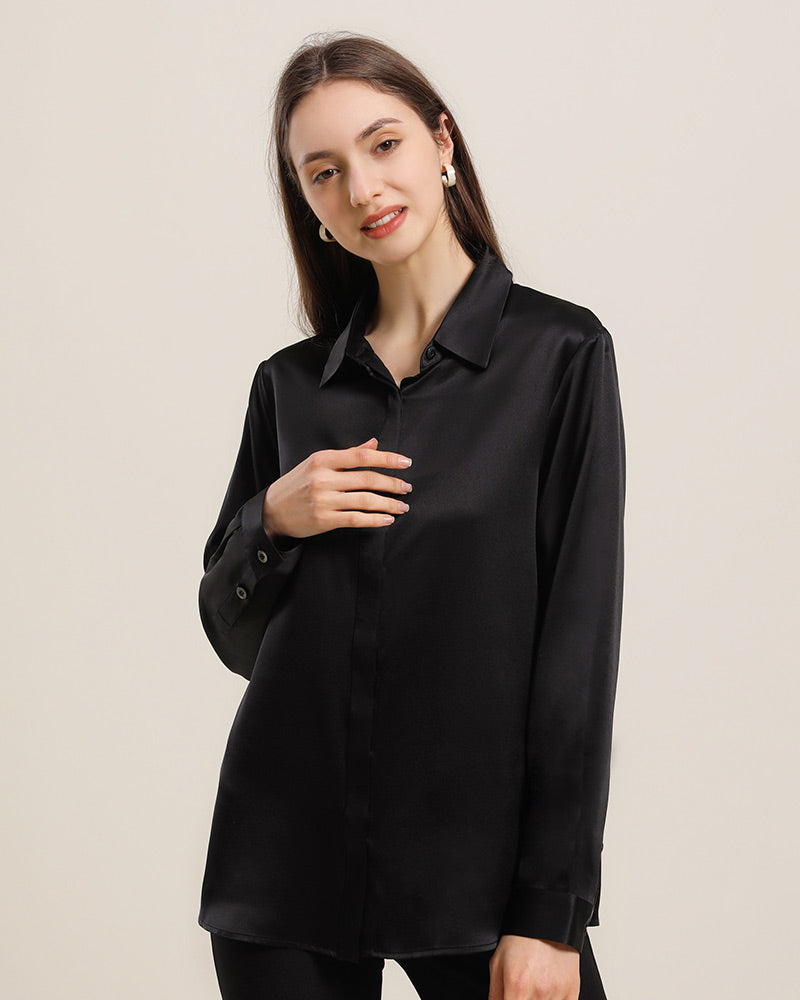 22Momme Silk Blouse with Hidden Buttons Black