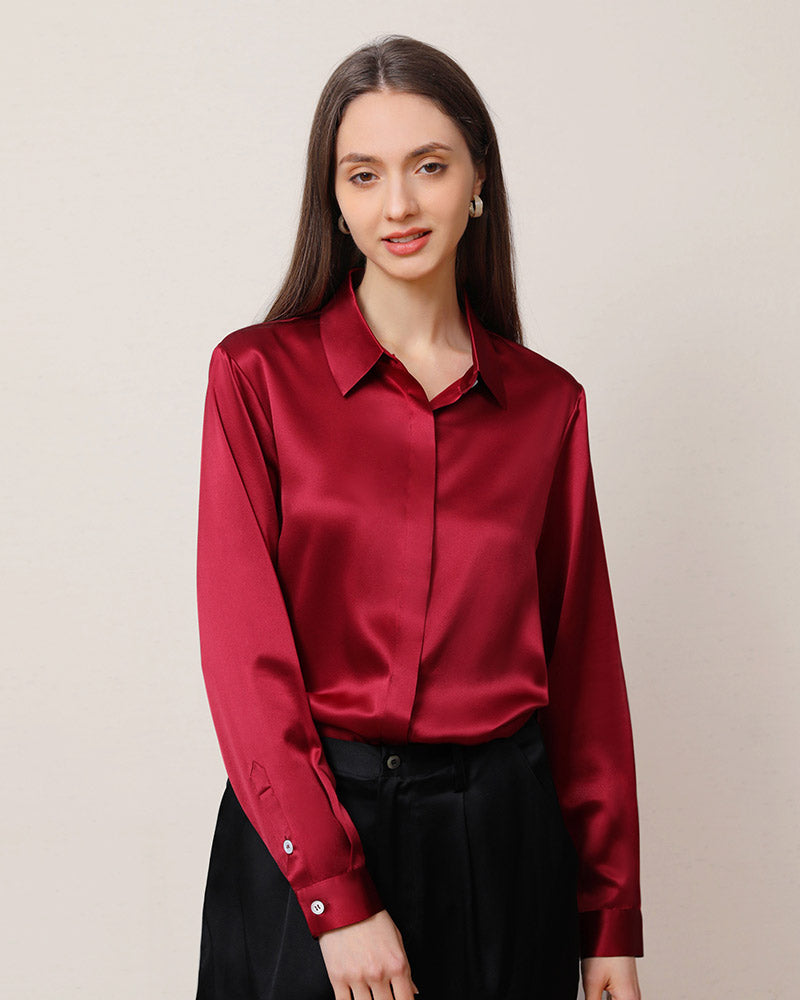 22Momme Silk Blouse with Hidden Buttons Burgundy