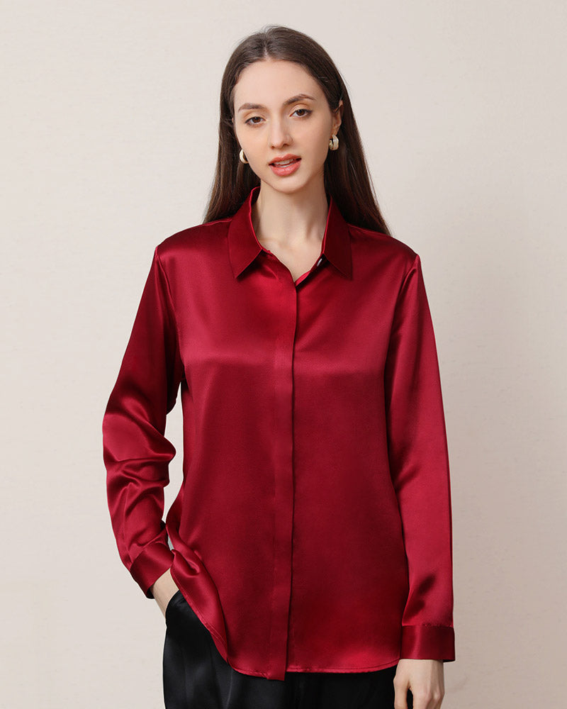 22Momme Silk Blouse with Hidden Buttons Burgundy
