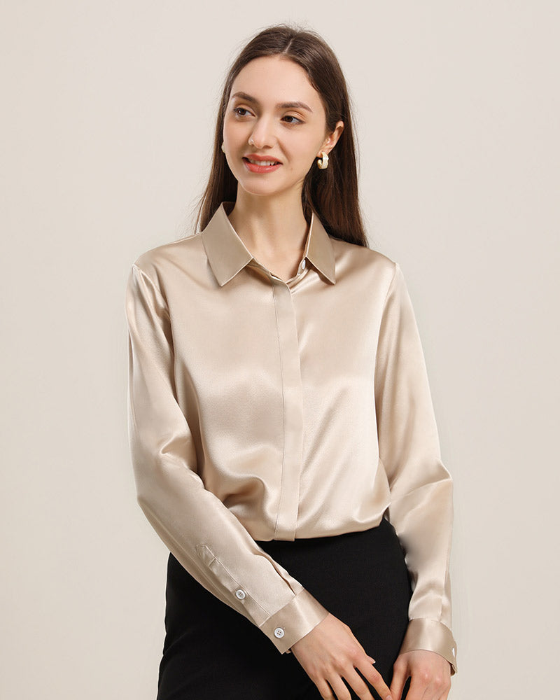 22Momme Silk Blouse with Hidden Buttons Champagne