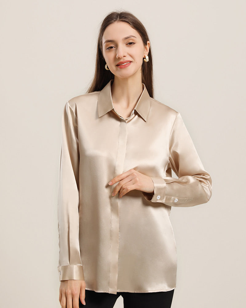22Momme Silk Blouse with Hidden Buttons Champagne