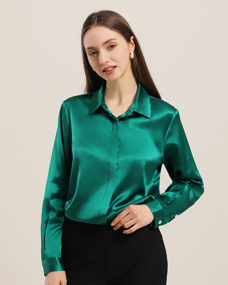 22Momme Silk Blouse with Hidden Buttons Dark Green
