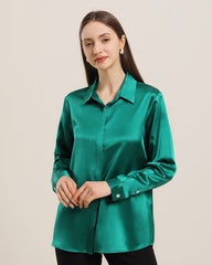 22Momme Silk Blouse with Hidden Buttons Dark Green