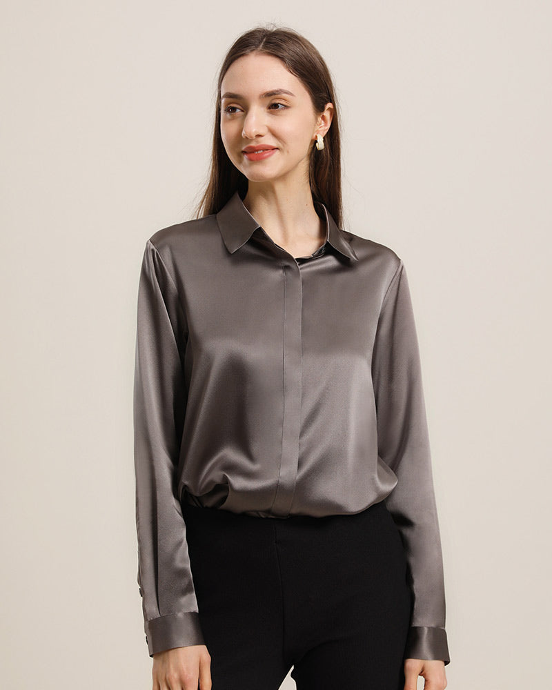 22Momme Silk Blouse with Hidden Buttons Dark Grey