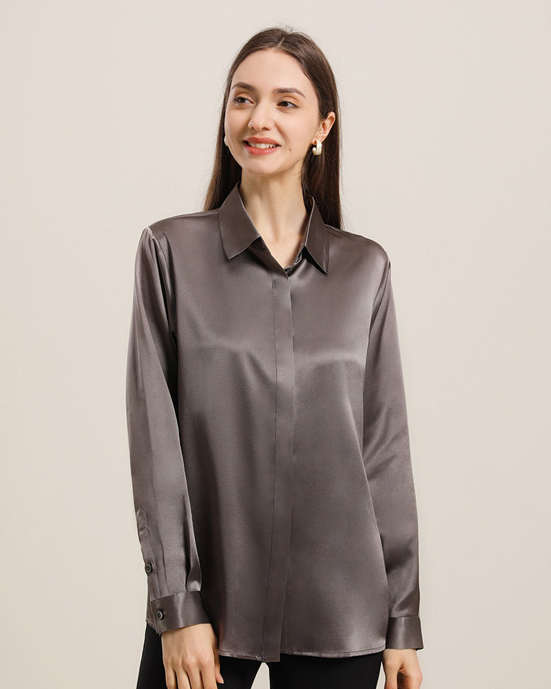 22Momme Silk Blouse with Hidden Buttons Dark Grey