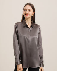 22Momme Silk Blouse with Hidden Buttons Dark Grey