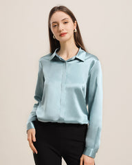 22Momme Silk Blouse with Hidden Buttons Haze Blue