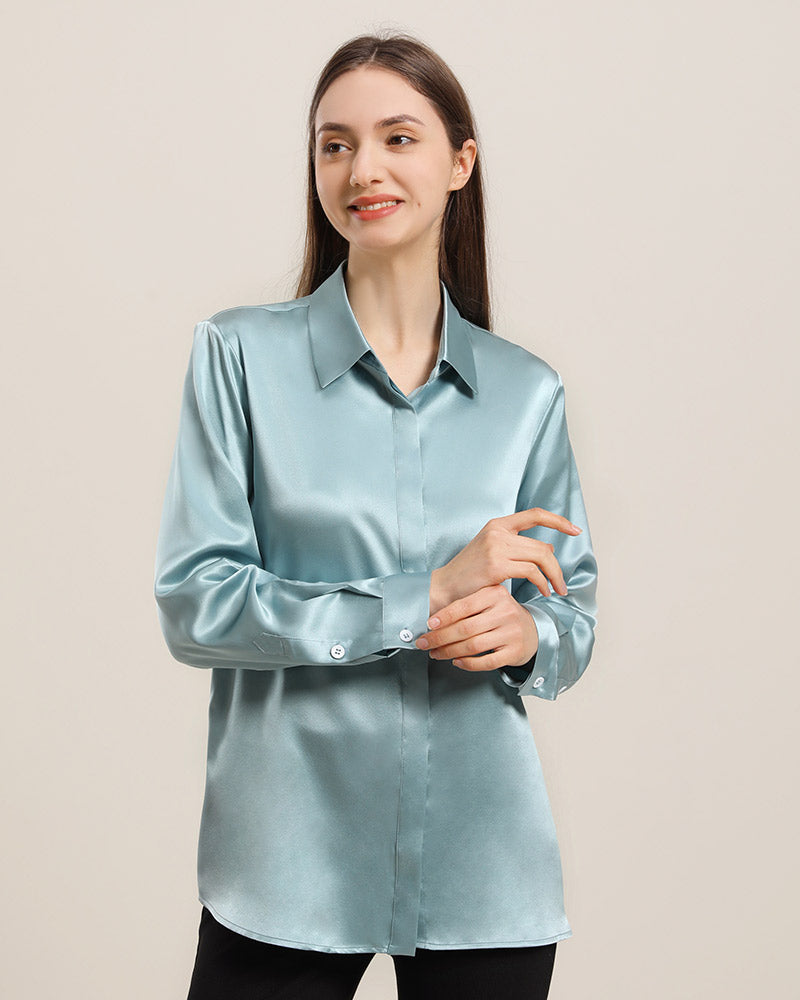 22Momme Silk Blouse with Hidden Buttons Haze Blue