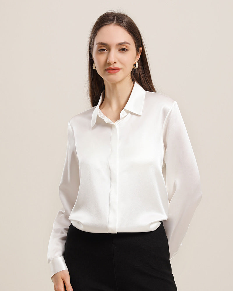 22Momme Silk Blouse with Hidden Buttons Ivory
