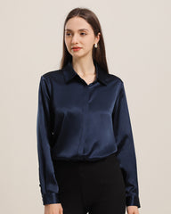 22Momme Silk Blouse with Hidden Buttons Navy