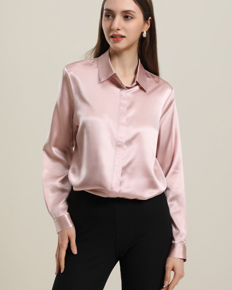 22Momme Silk Blouse with Hidden Buttons Rose Pink