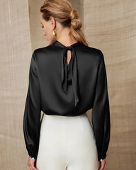 Silk Blouse with Ruched Neck and Tie Back