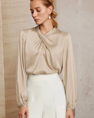 Silk Blouse with Ruched Neck and Tie Back