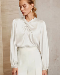 Silk Blouse with Ruched Neck and Tie Back