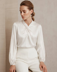 Silk Blouse with Ruched Neck and Tie Back