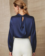 Silk Blouse with Ruched Neck and Tie Back