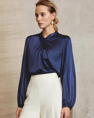 Silk Blouse with Ruched Neck and Tie Back