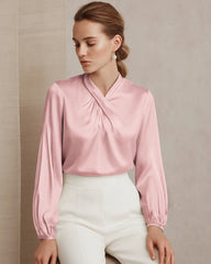 Silk Blouse with Ruched Neck and Tie Back