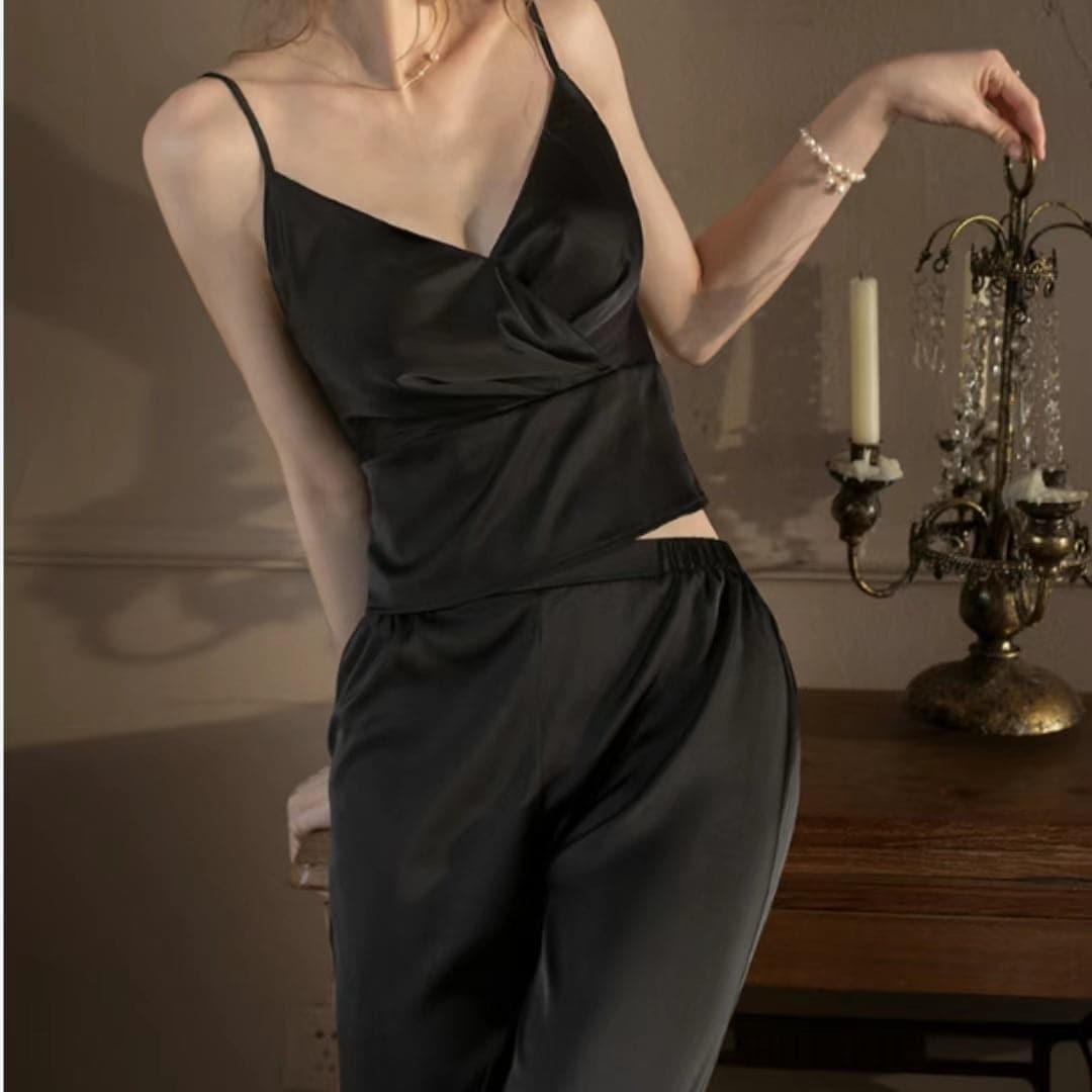 Silk Camisole Long Pants Pajama Set 2Pcs Black
