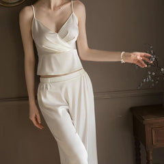 Silk Camisole Long Pants Pajama Set 2Pcs White
