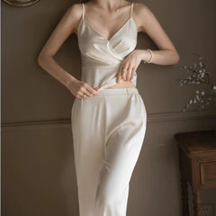 Silk Camisole Long Pants Pajama Set 2Pcs White