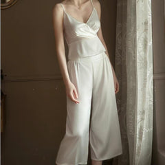 Silk Camisole Long Pants Pajama Set 2Pcs White