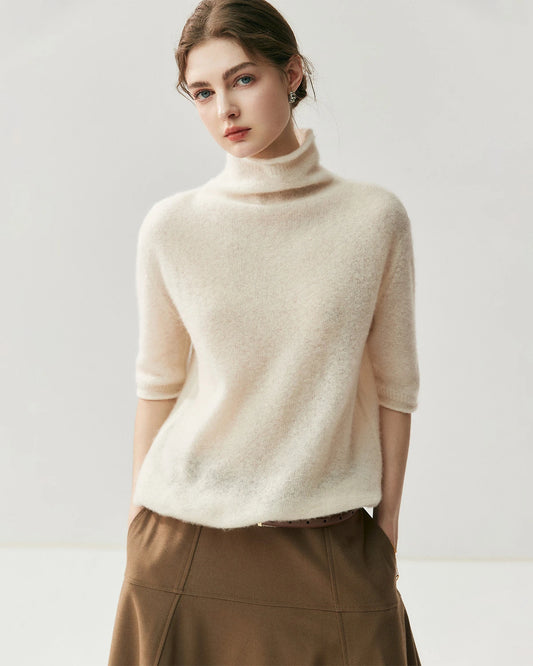 Silk-Cashmere Short Sleeve Turtleneck Sweater