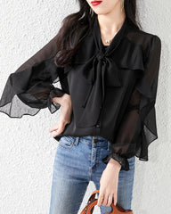 Silk Chiffon Ruffle Sleeve Blouse