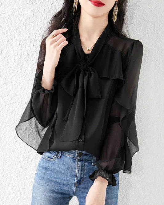 Silk Chiffon Ruffle Sleeve Blouse