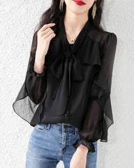 Silk Chiffon Ruffle Sleeve Blouse