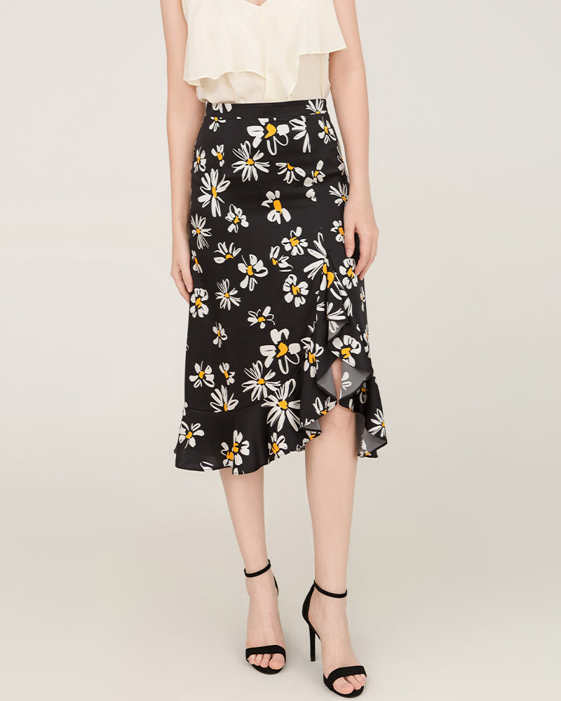 Daisy Print Asymmetrical Hem 100% Silk Midi Skirt