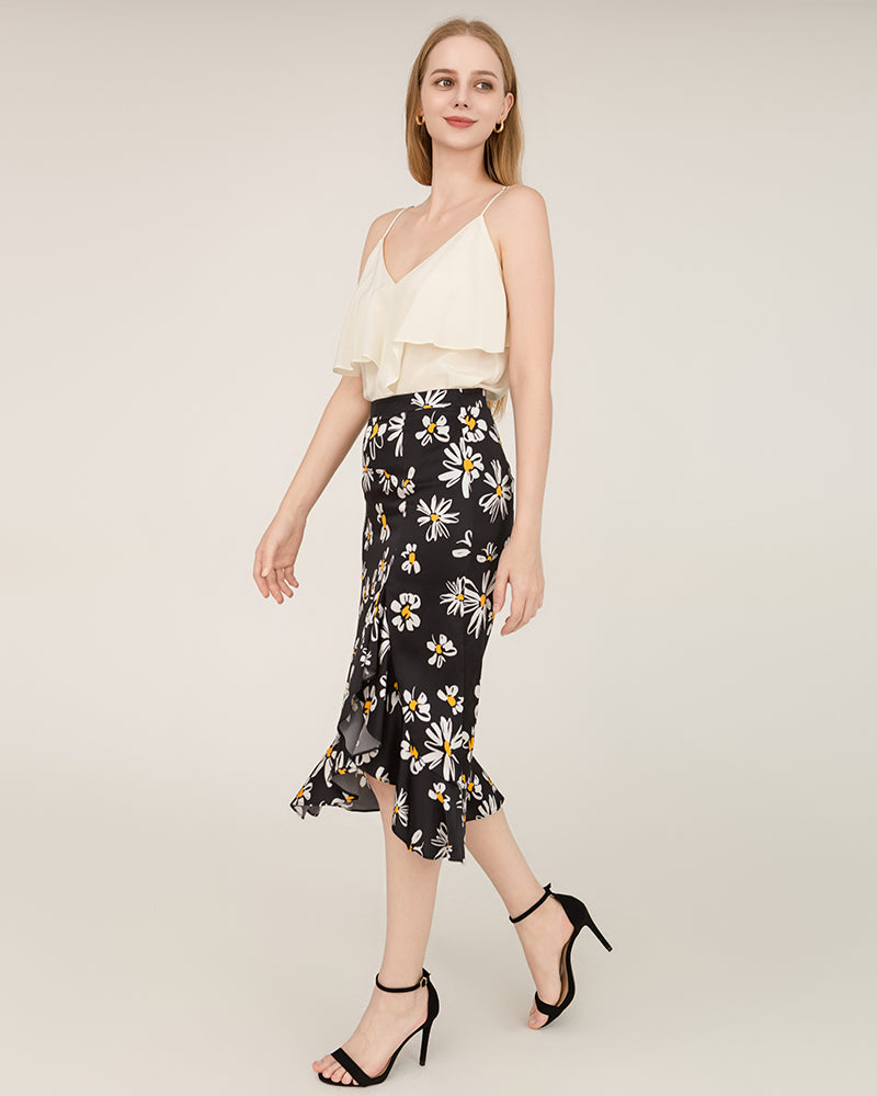 Daisy Print Asymmetrical Hem 100% Silk Midi Skirt