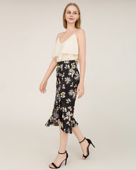 Daisy Print Asymmetrical Hem 100% Silk Midi Skirt