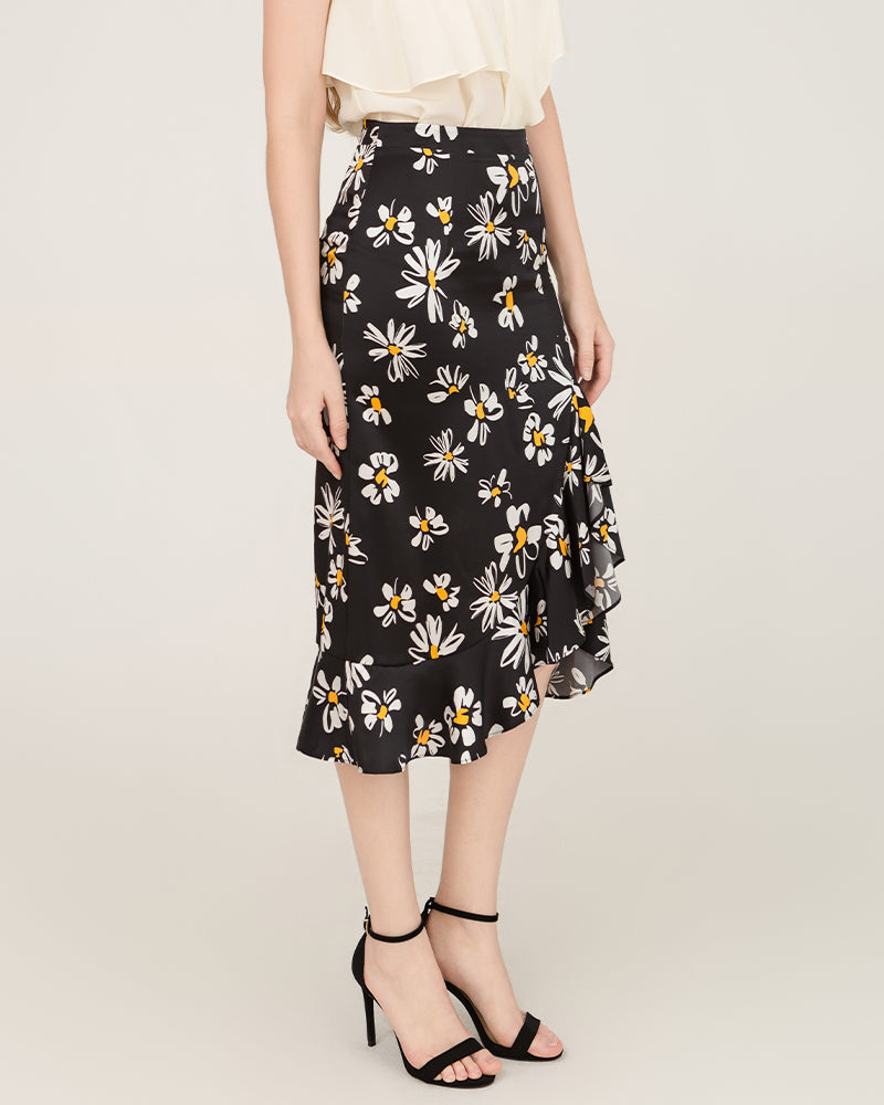Daisy Print Asymmetrical Hem 100% Silk Midi Skirt