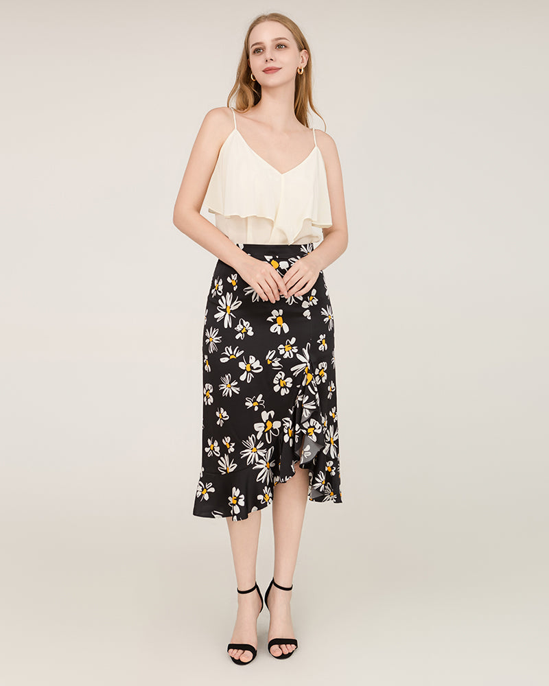 Daisy Print Asymmetrical Hem 100% Silk Midi Skirt