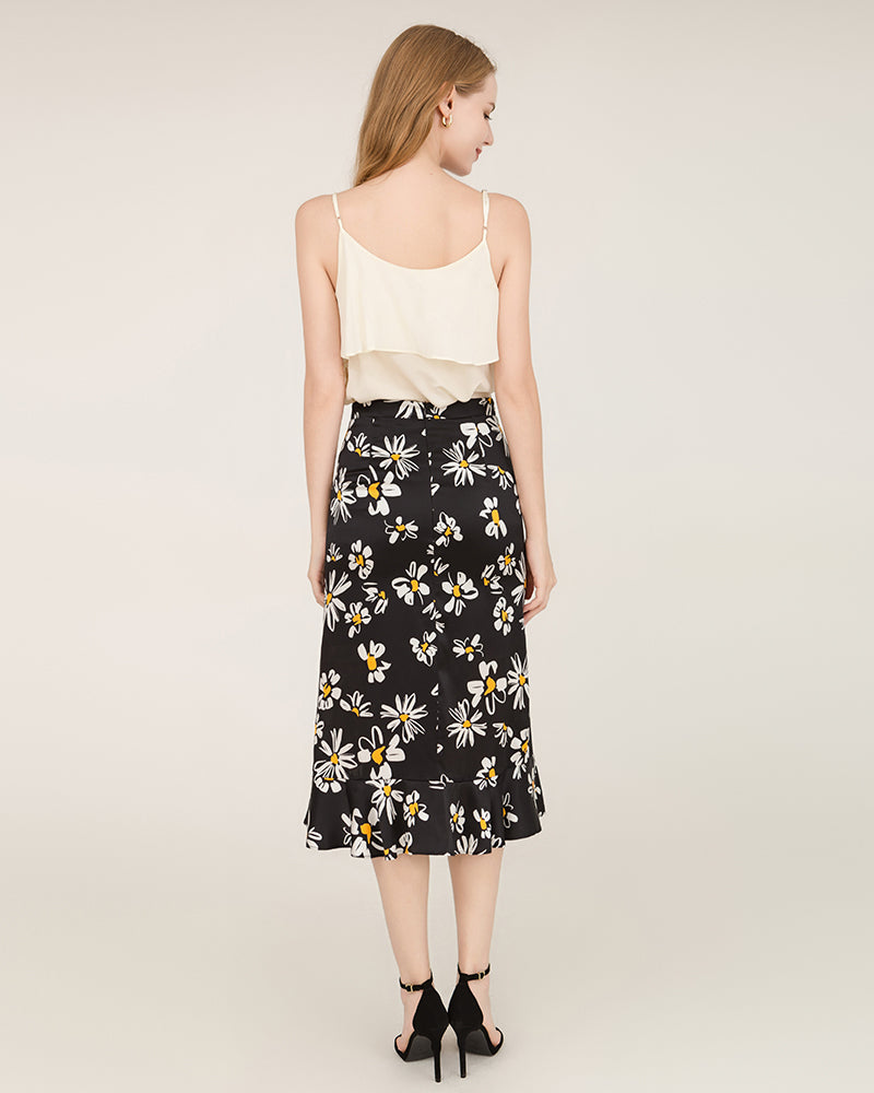 Daisy Print Asymmetrical Hem 100% Silk Midi Skirt