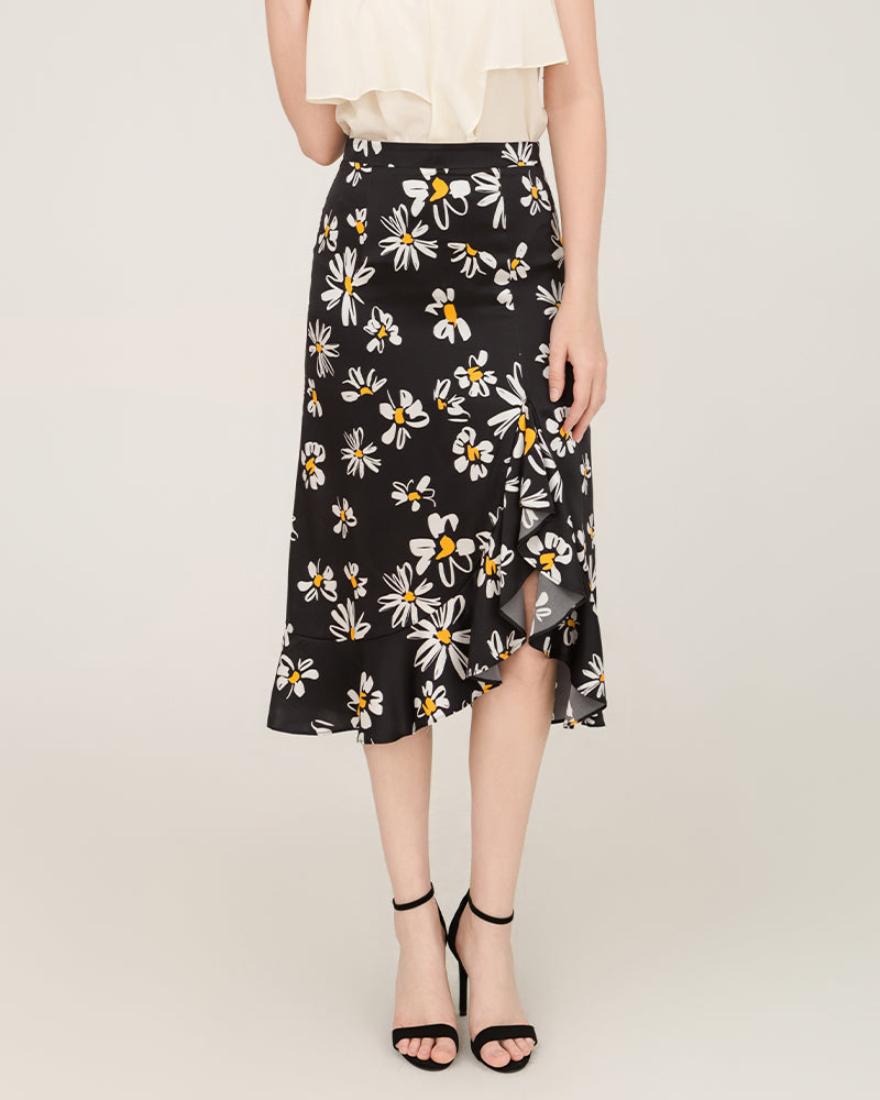 Daisy Print Asymmetrical Hem 100% Silk Midi Skirt