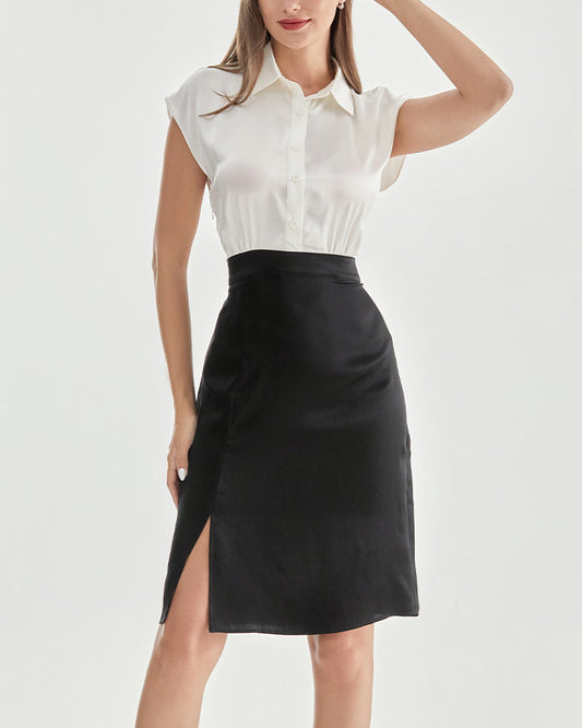 Silk Dress with White Shirt and Black Skirt