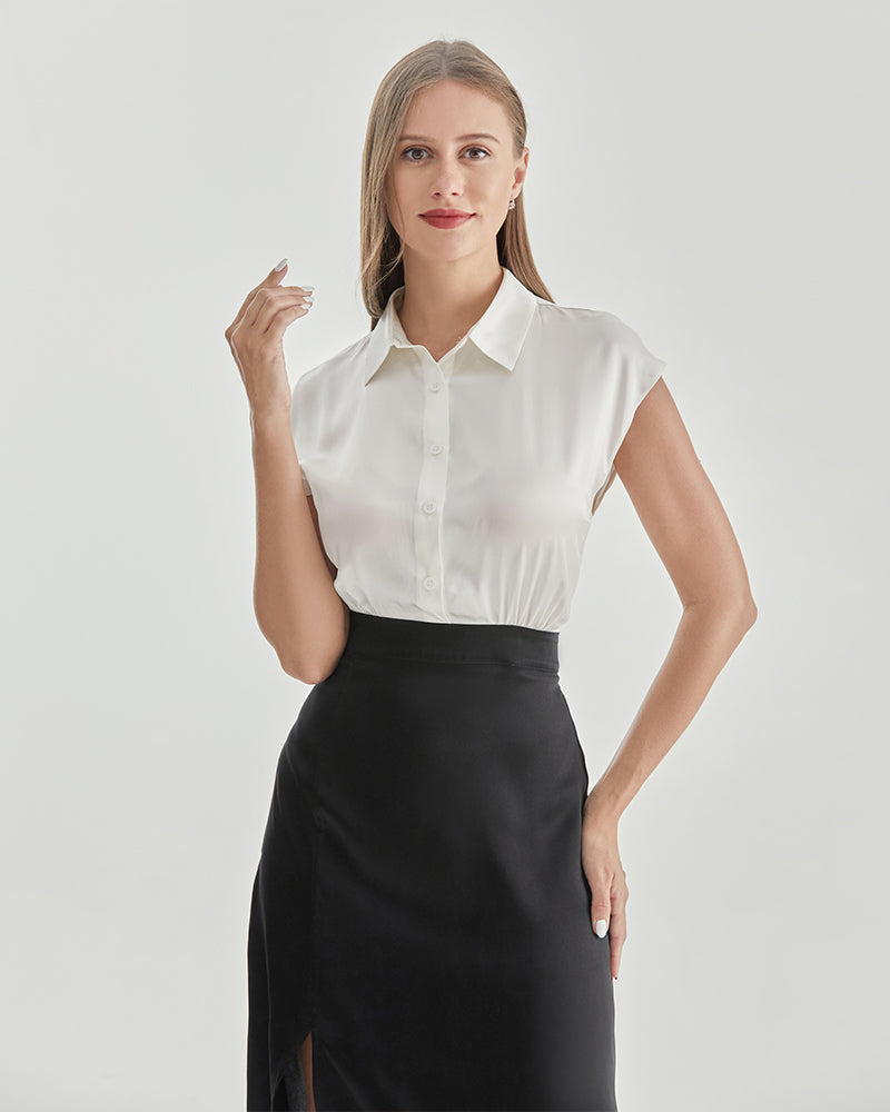 Silk Dress with White Shirt and Black Skirt