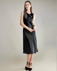 Silk Dresses with Asymmetrical Cowl Neck Black