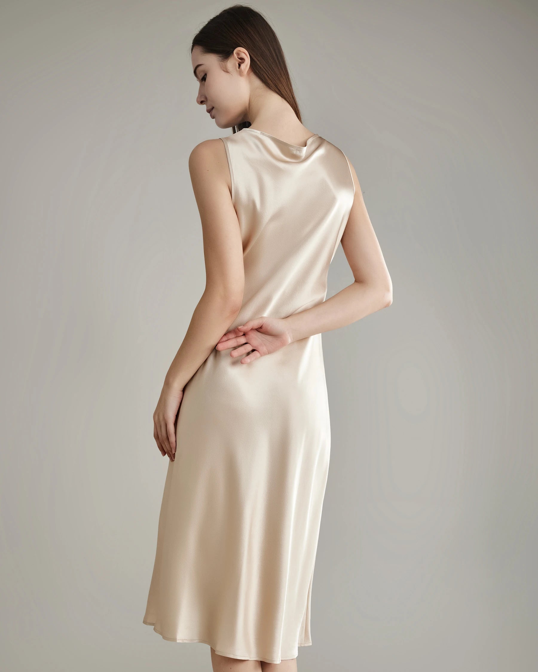 Silk Dresses with Asymmetrical Cowl Neck  Champagne