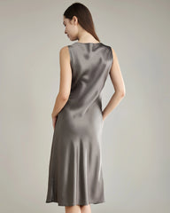 Silk Dresses with Asymmetrical Cowl Neck Dark Grey