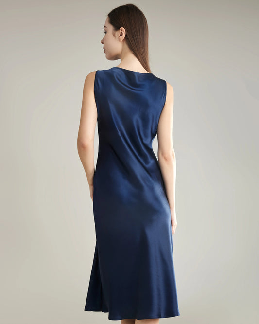 Silk Dresses with Asymmetrical Cowl Neck Navy