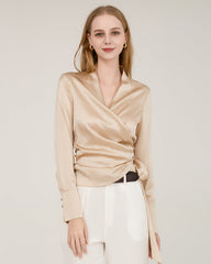 Elegant Fitted Wrap Silk Blouse For Women Champagne
