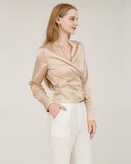 Elegant Fitted Wrap Silk Blouse For Women Champagne